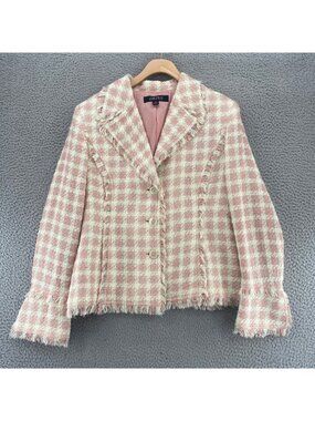 Kasper Blazer Womens 14 Pink Plaid Notch Lapel Fringe Pockets Button Up Jacket